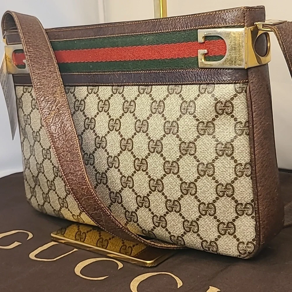 GUCCI VINTAGE 1970'S WEB SHERRY LINE COATED CANVAS/LEATHER SHOULDER BAG- RARE - Picture 6 of 17